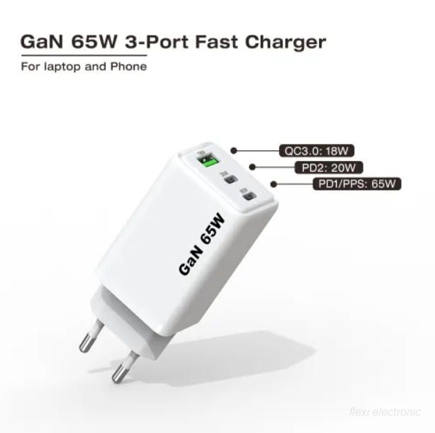 Универсално GaN бързо зарядно устройство тип C 3 порта 65 W USB C зарядно устройство